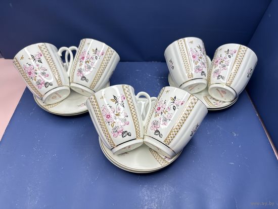 Набор чайно-кофейных пар Яблоневый цвет, костяной фарфор, деколь, золочение, Ленинградский фарфоровый завод, СССР, 1986-1991 гг.