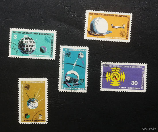 Куба 1965 г.100 лет Международному союзу электросвязи. События. Космос. Космические спутники, полная серия из 5 марок #0098-K1P14