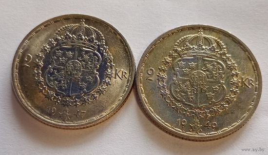 Швеция 2 кроны 1947,1949 год ГуставV серебро