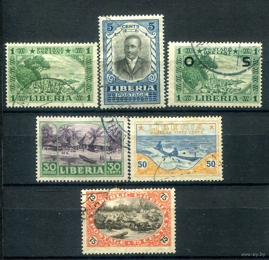 Либерия - 1920г. - ландшафты, служебная марка - 6 марок - гашёные, номинал 50 с тонким местом. #4-W1-115-A-1