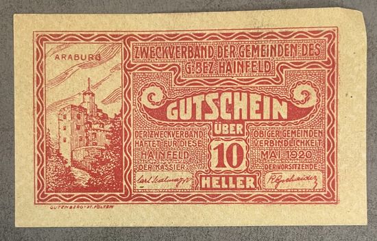 Геллеров Нотгельд Австрия Хайнфельд, 10 геллеров 1920 год