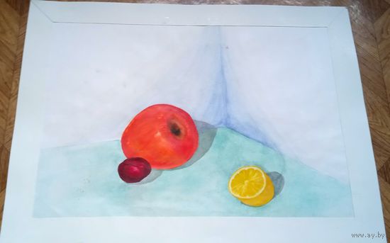 Картина яблоко натюрморт 1990е акварель