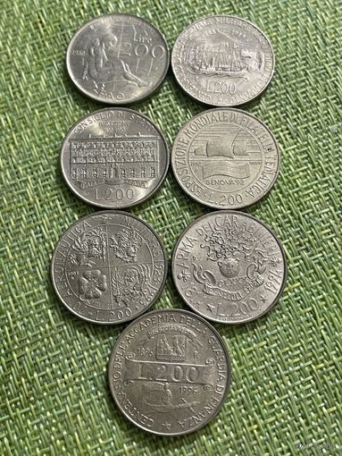 Италия набор 200 лир ( юбилейные 7 монет , нет 1981, 1989, 1999г )