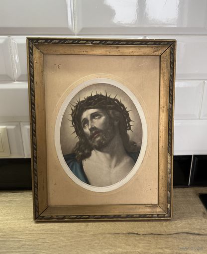 Старинная литография Христос в терновом венце в раме