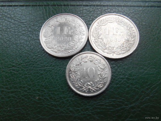 Швейцария 1 фр. 1989 г, 1 фр. 2020 г , 10 рапен 1977 г