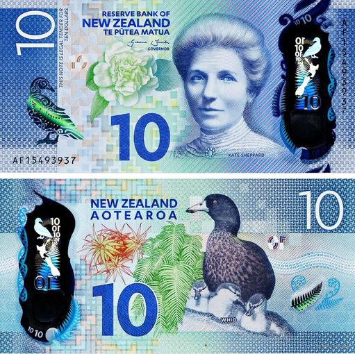Новая Зеландия 10 долларов 2015 год UNC (полимер) Номер банкноты BF15094041