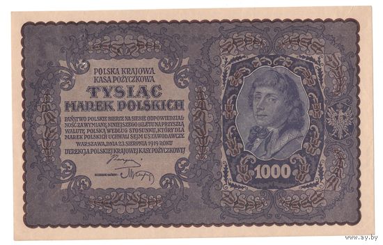 Польша 1000 марок 1919 года. Костюшко. I серия DF. Префикс из двух букв. Состояние XF+/aUNC! Тип P029. Нечастая! (4)