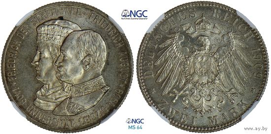 2 марки 1909 г. Саксония. Германия. NGC MS 64. 500 лет Лейпцигскому университету. Серебро. КМ# 1268