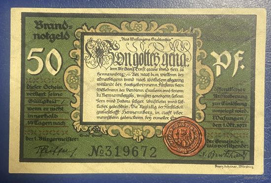 Нотгельд 50 пфеннигов 1921 год. Вазунген. Веймарская республика