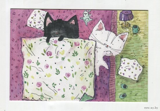Открытка. Коты. Котики. Котята. Семья. Фауна, животные. Ночь, сон. Юмор. Художник Анастасия Еременко (чистая)
