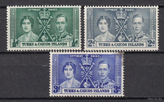 18.BrKS. Великобритания. Колонии.  Теркс и Кайкос. Коронация Георга VI и Елизаветы. 1937 г. Полная серия. Mi.##115-117. (*) - описание.