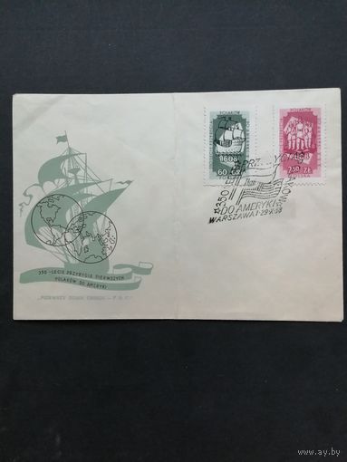 Польша 1958 КПД с полной серией марок "350 лет со дня появления первых польских эмигрантов в Америке" (спецгашение, перегиб конверта, сзади есть следы от наклеек) Mi.1073-1074 каталог 1.00 евро