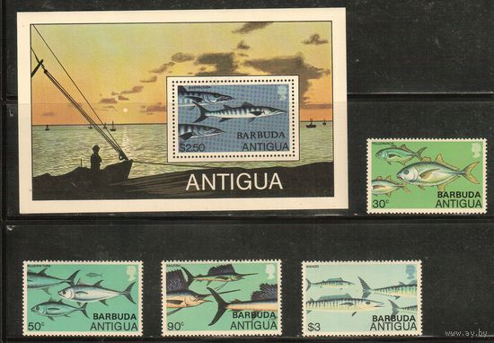 Барбуда-1979(Мих.,455-458,Бл.45) , **  , Морская  Фауна, Рыбы,(полная серия)
