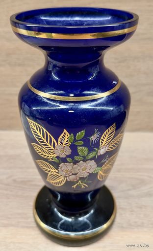 Ваза Чехословакия 1970-80г ручная роспись кобальт стекло