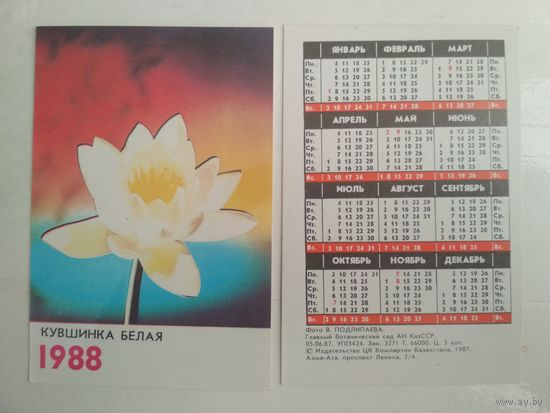 Карманный календарик. Цветы . 1988 год