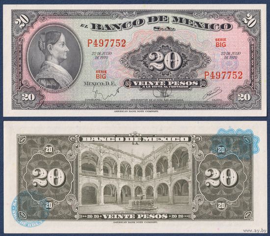 Мексика, 20 песо 1970 г, P-54p (BIG, донья Хосефа Ортис де Домингес, синяя печать), UNC-