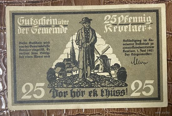 Нотгельд 25 пфеннигов 1921 год Кевелар. Веймарская республика
