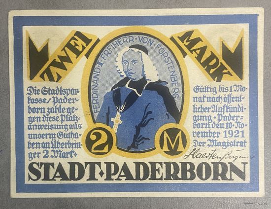 Нотгельд Падерборн 2 марки 1921 год. Веймарская республика