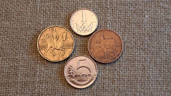 Чехия 4 монеты: 20 крон 1993, 10 крон 1993, 5 крон 2021, 1 крона 2021