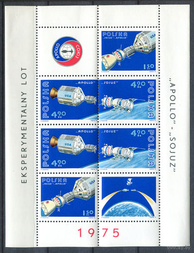 Польша - 1975г. - Американо-советский космический полёт - полная серия, MNH , есть сгиб по перфорации [Mi bl. 62] - 1 блок