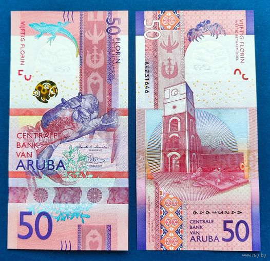 Аруба, 50 флоринов 2019 г., P-W23 (A, краб, башня Виллема III в форте Заутман), UNC