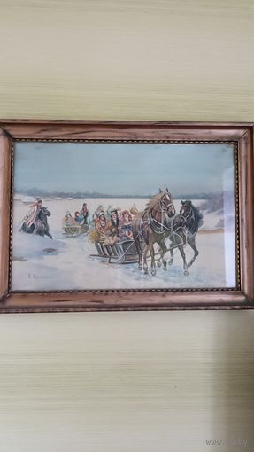 Картина акварель старинная, польский художник