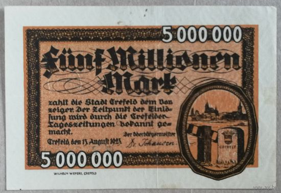 Германия 5 миллионов 5000000 марок 1923 г., Крефельд (Crefeld, Рейнская провинция) В7:912k