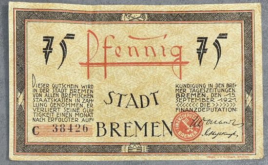 Нотгельд 75 пфеннигов 1921 год. Бремен. Веймарская республика