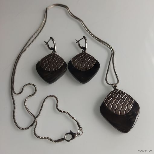 Винтажный сет. Серьги и колье. Нат.камень. Покрытие серебро.