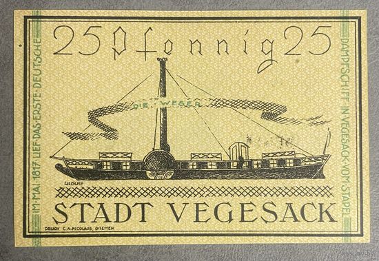 Нотгельд Фегезак, 25 пфеннигов 1921 год. Веймарская республика.