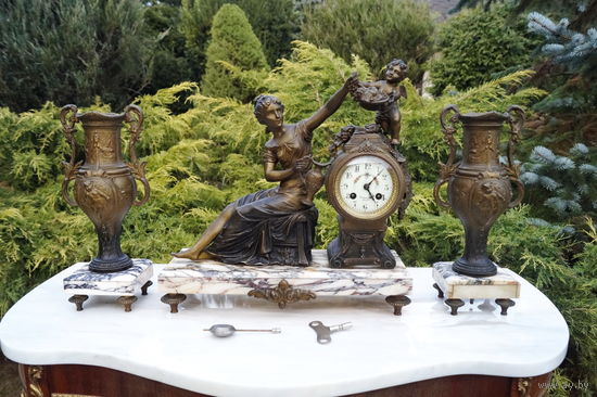 Антикварные Каминные Часы Комплект! Мрамор, Шпиатр, Бронза.  F. Moreau d'Or - France 1900 г.