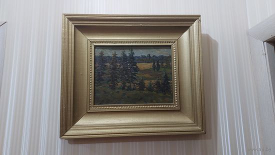 Довгялло Михаил Хрисанфович 1908-1978г член С/Х БССР картон масло "лес" 1949г.  22-29см по рисунку и 41-48 по раме. (Сзади работы подложен свежий картон)