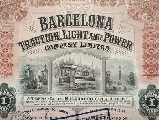 Акция Barcelona Traction, Light and Power, 1914 г.