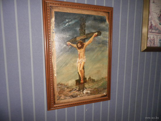 Старая картина с чердака Распятие Иисуса Христа на холме Голгофа.