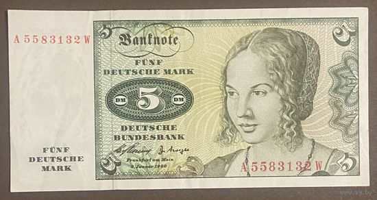 Банкнота 5 марок 1960 год. ФРГ. Портрет венецианской женщины. НЕ БЫЛА В ОБОРОТЕ.