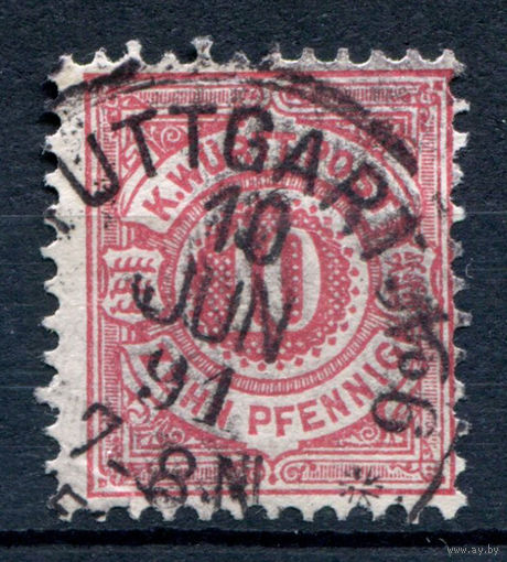 Королевство Вюртемберг - 1875г. - 10 Pf, печать Штутграт - 1 марка - гашёная [Mi 46]. #1-Wu-12-A-1