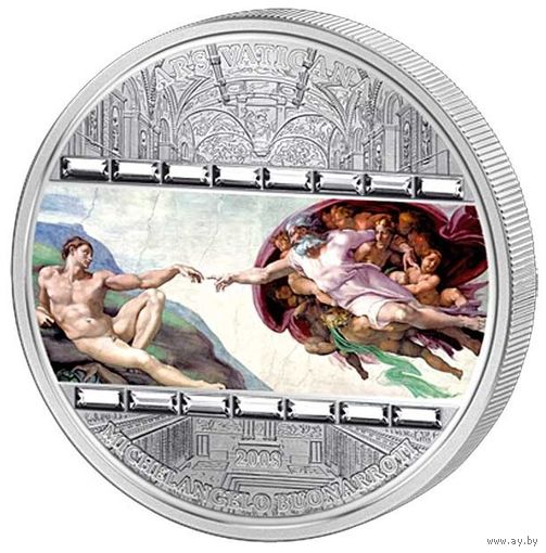 Острова Кука 20 долларов 2008г. Шедевры искусства: "Микеланджело Буонарроти - Сотворение Адама". Монета в капсуле; подарочном футляре; сертификат; коробка. СЕРЕБРО 93,30гр.(3 oz).