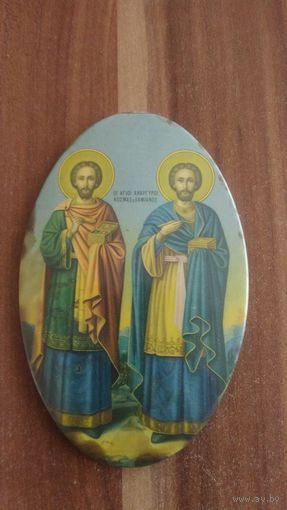 ИКОНА СТАРИННАЯ "КУЗЬМА И ДЕМЬЯН" (РЕДКИЙ ОБРАЗ)