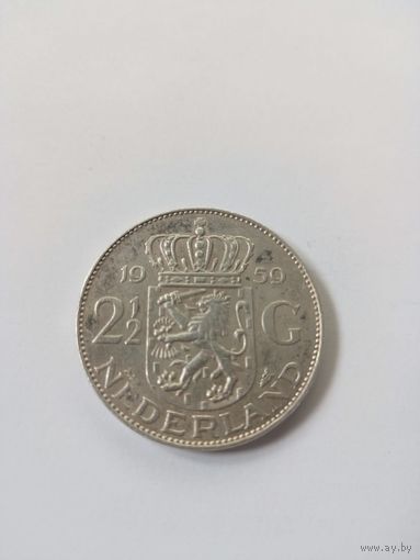 2,5 (2 1/2) гульдена 1959 года Нидерланды , серебро