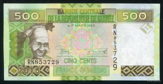 Гвинея 500 франков 2015 г. P47a. Серия RN. UNC