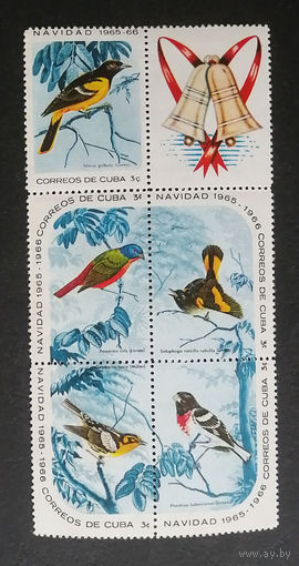 Куба 1965 год. Рождество. Птицы. Фауна Праздники, сцепка +купон, полная серия. Чистая #0078-Ф1P16