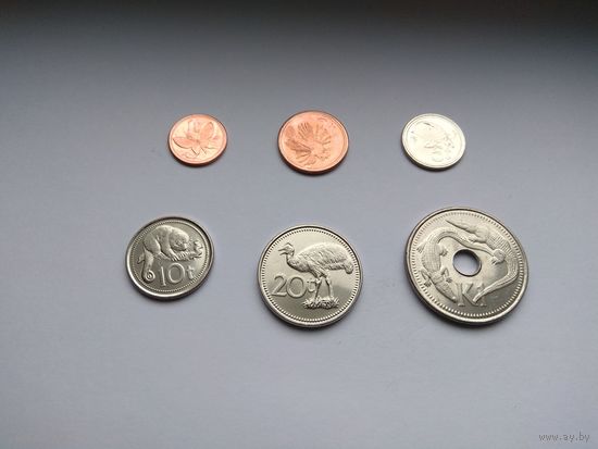 Папуа-Новая Гвинея. 1-2-5-10-20 тойя - 1 кина 2004-2006 года. UNC. 6 монет.