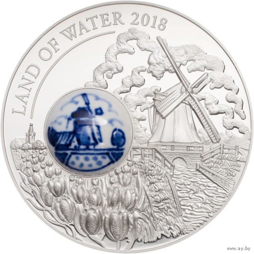 RARE Острова Кука 10 долларов 2018г. Royal Delft: "Страна воды". Фарфор. Монета в капсуле, подарочном футляре; номерной сертификат; коробка. СЕРЕБРО 50гр.
