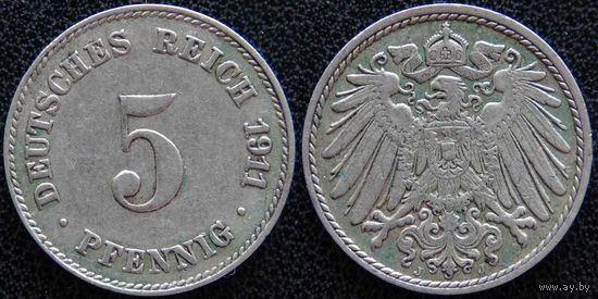 YS: Германия, Рейх, 5 пфеннигов 1911J, KM# 11