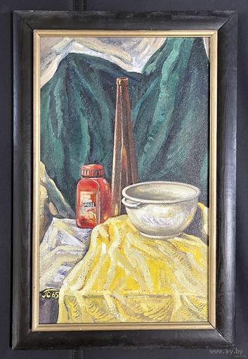 Скрипниченко Г.С. - художник-сюрреалист, "белорусский Дали". "Натюрморт" (с красной бутылкой) 1966г. ДВП, масло. Размер 61,5х37 см.