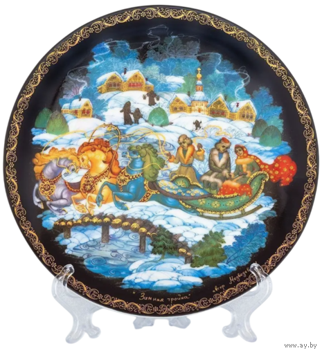 Декоративная Коллекционная тарелка Палех Зимняя тройка