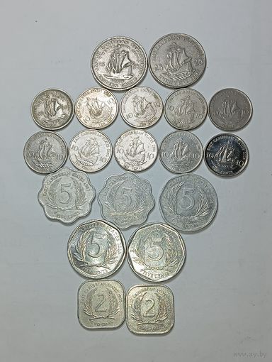 Восточные Карибы 25 центов 1965 , 2002 , 10 центов 1965 , 1995 , 1997 , 1999 , 2000 , 2002 , 2004 , 2007 , 2014 , 5 центов 1987 , 1999 , 2008 , 2010 , 2015 м 2 цента 1995 , 2000 года .
