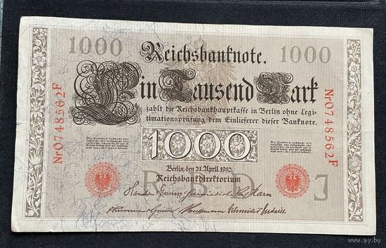 1000 марок 1910 год / Германская империя банкнота тип 1884 года Brauner Tausender / номер семь знаков, красная печать