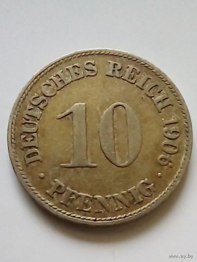 Германия.10 пфеннигов1906 D, красивая патина.