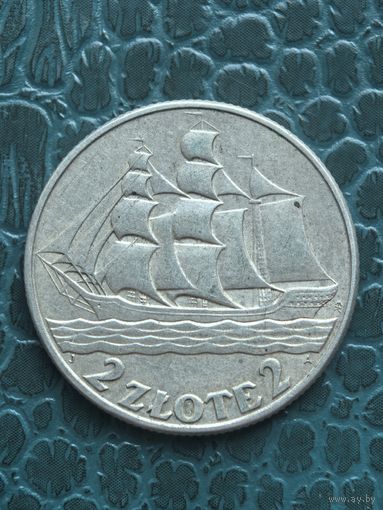 2 злотых 1936 в блеске кораблик Гдыня